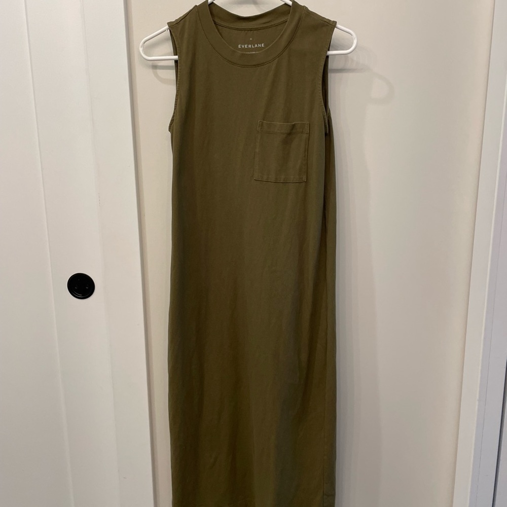 Army green midi sleeveless Everlane dress